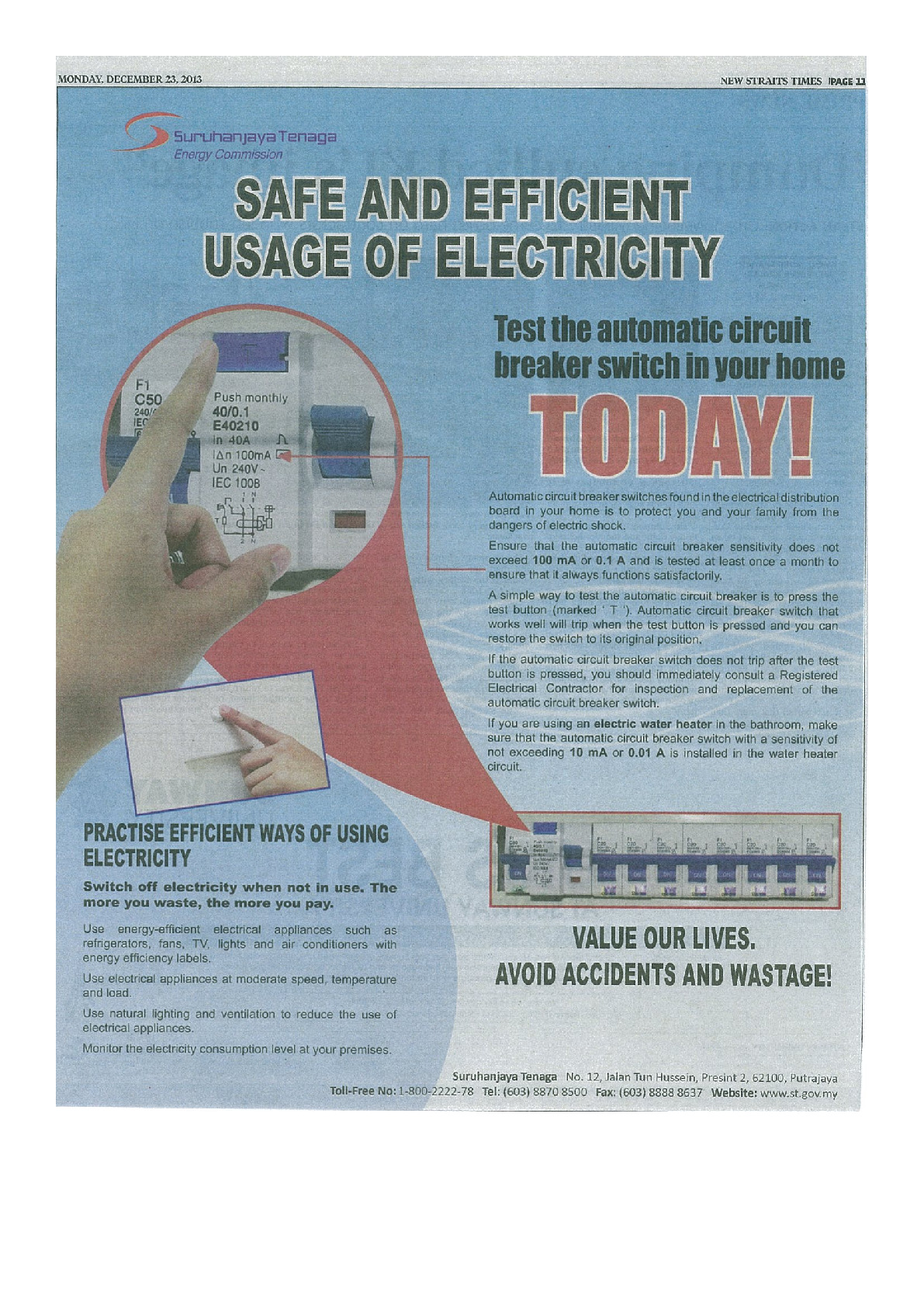 Advertorial: Safe and Efficient Usage of Electricity, New Straits Times Monday, 23 December 2013