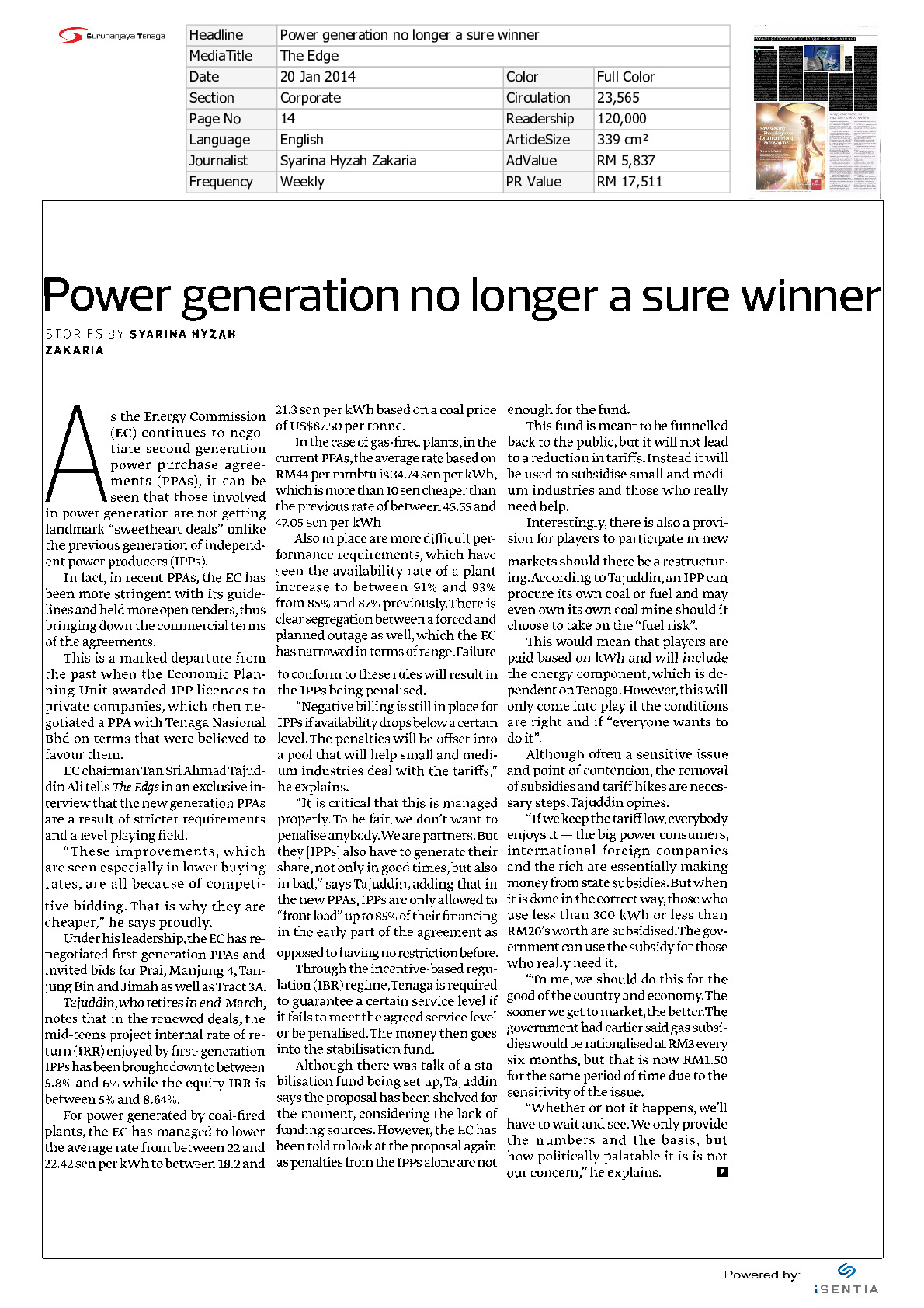 Feature Article: Power generation no longer a sure winner, The Edge, 20 January 2014