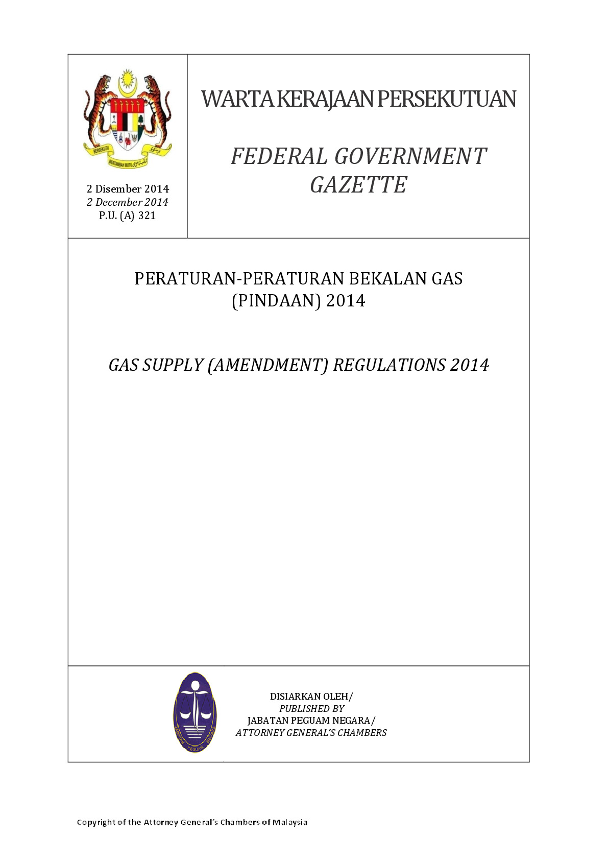 Gas Supply (Amendment) Regulations 2014: P.U.(A)321