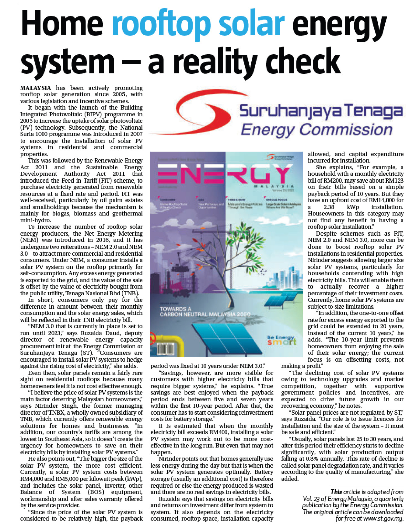 Home Rooftop Solar Energy System - a Reality Check, The Sun, 23 December 2023