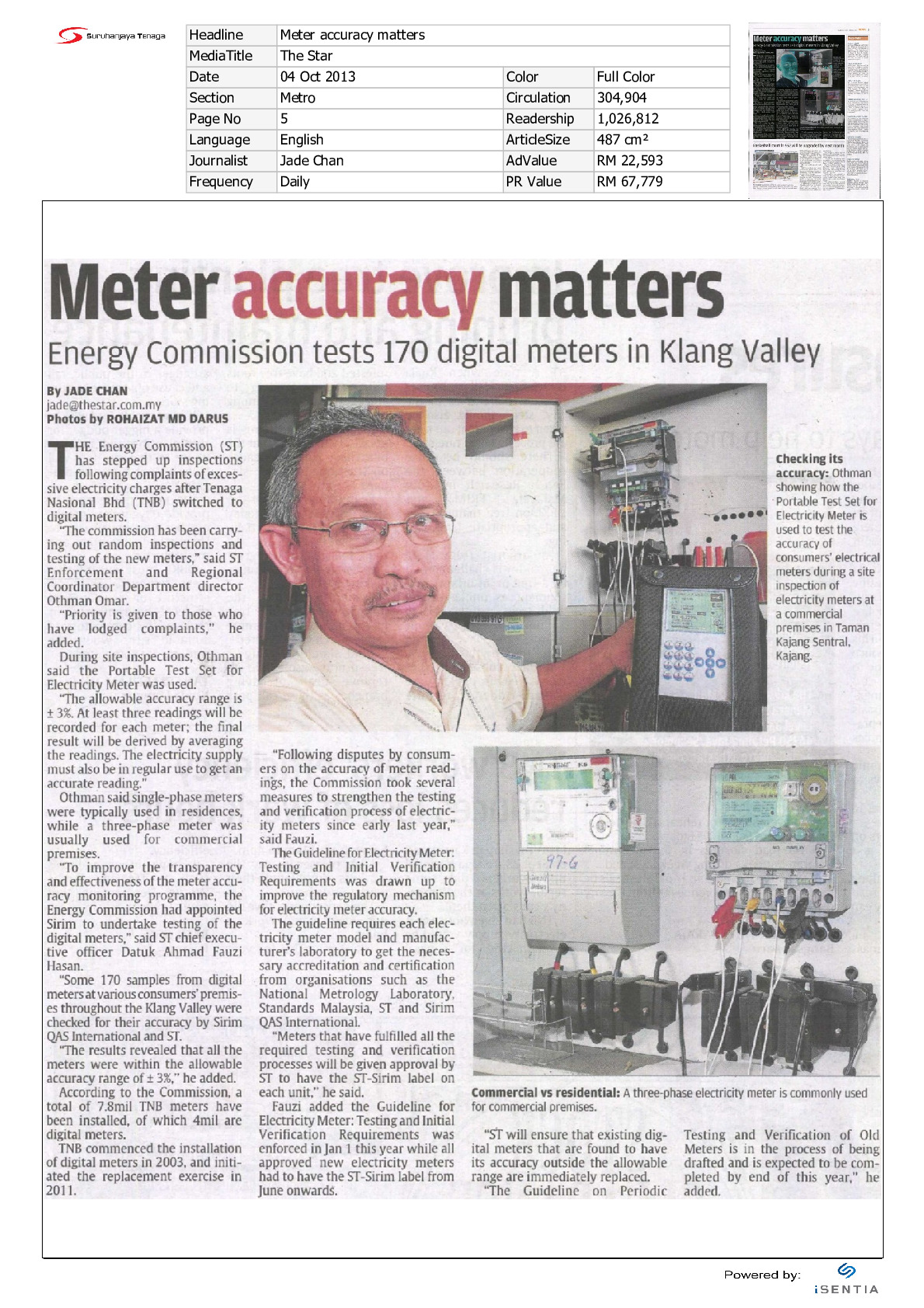 Media Coverage: The Star, 04 October 2013: Meter accuracy matters - Energy Commission tests 170 digital meters in Klang Valley