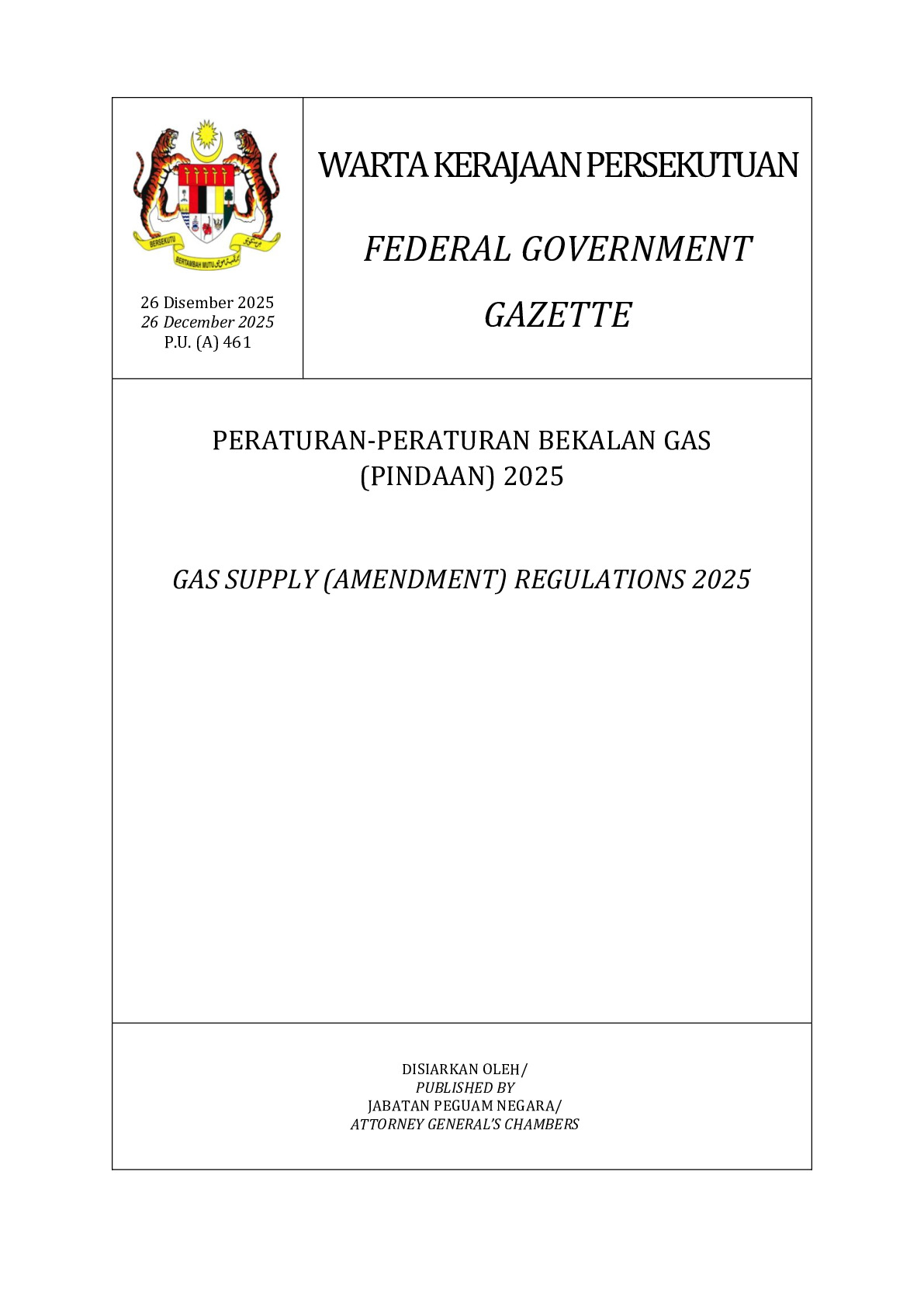 Gas Supply (Amendment) Regulations 2025 [P.U. (A) 461/2025]