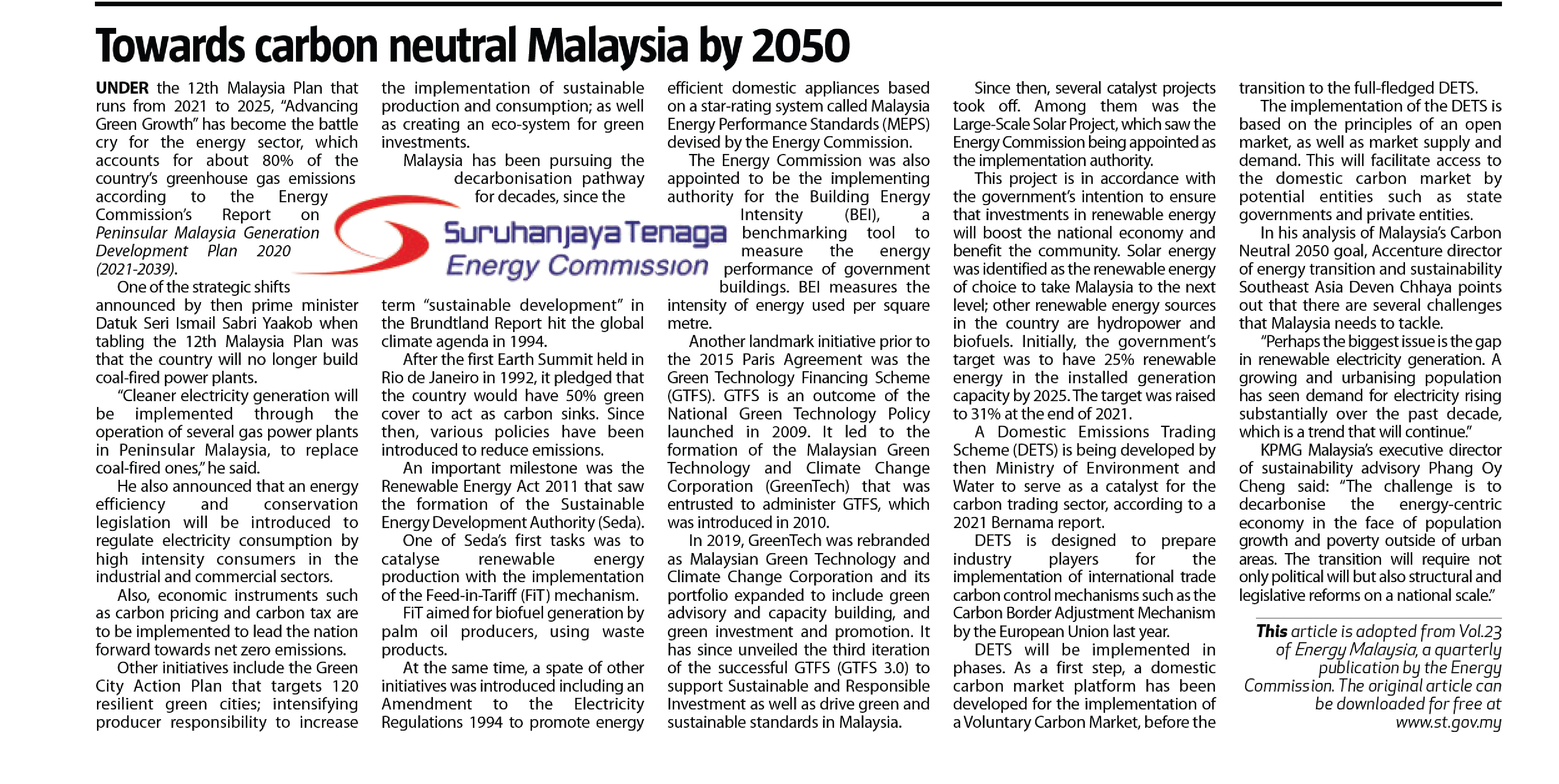 Towards Carbon Neutral Malaysia by 2050, The Sun, 17 January 2024