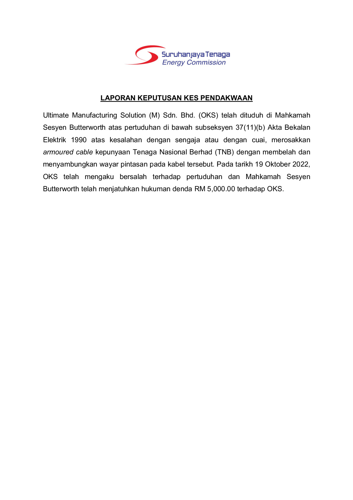 (Sessions Court) Prosecution Report - Ultimate Manufacturing Solution (M) Sdn. Bhd