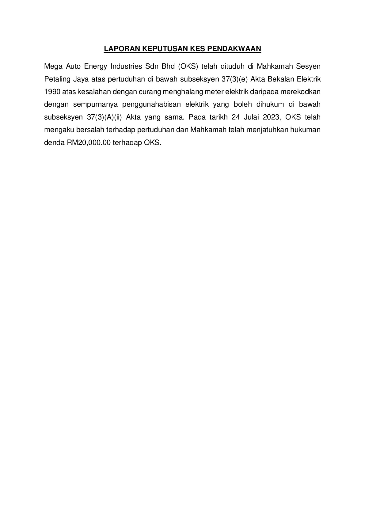 (Sessions Court) Prosecution Report - Mega Auto Energy Industries Sdn Bhd