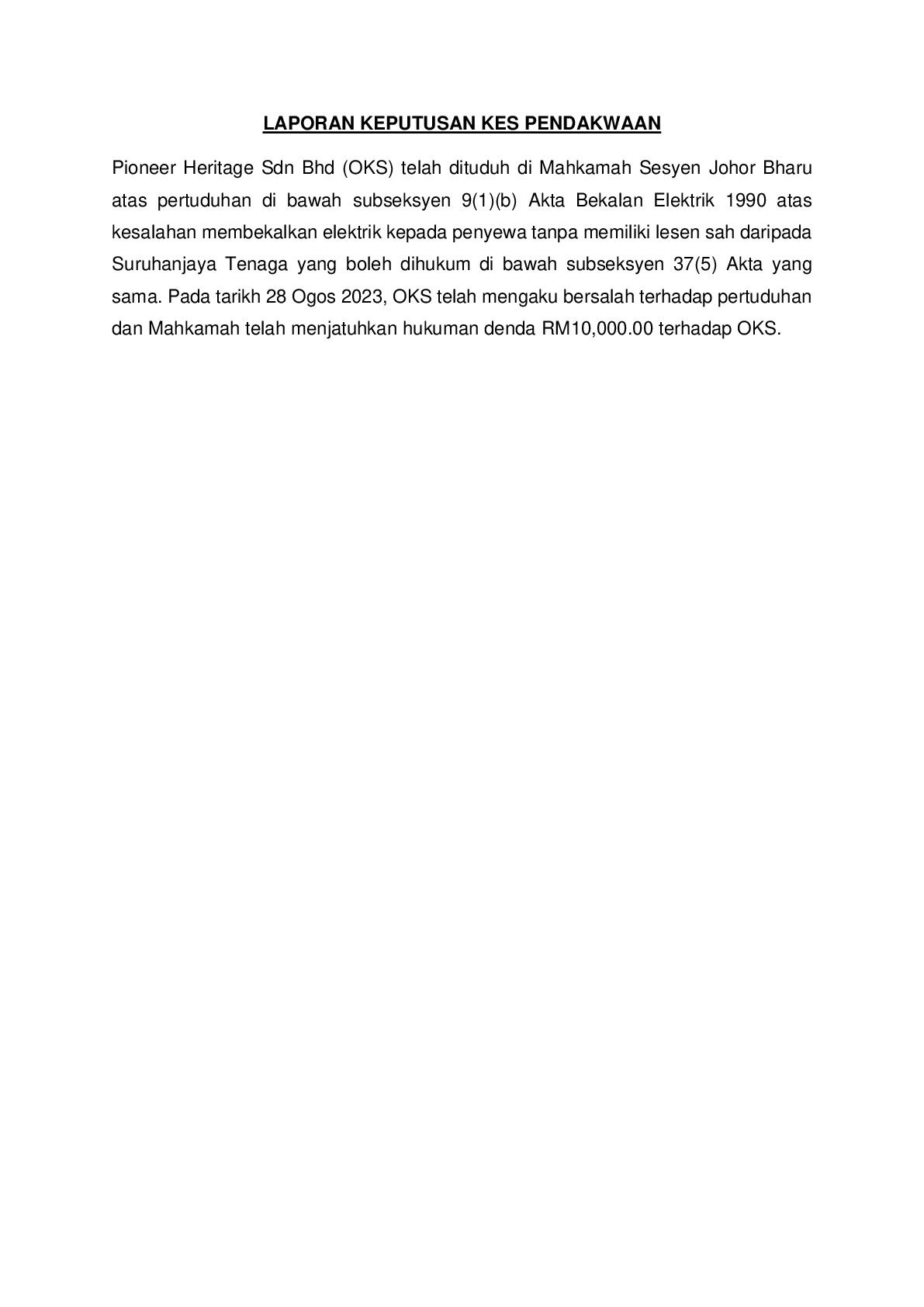 (Sessions Court) Prosecution Report - Pioneer Heritage Sdn Bhd