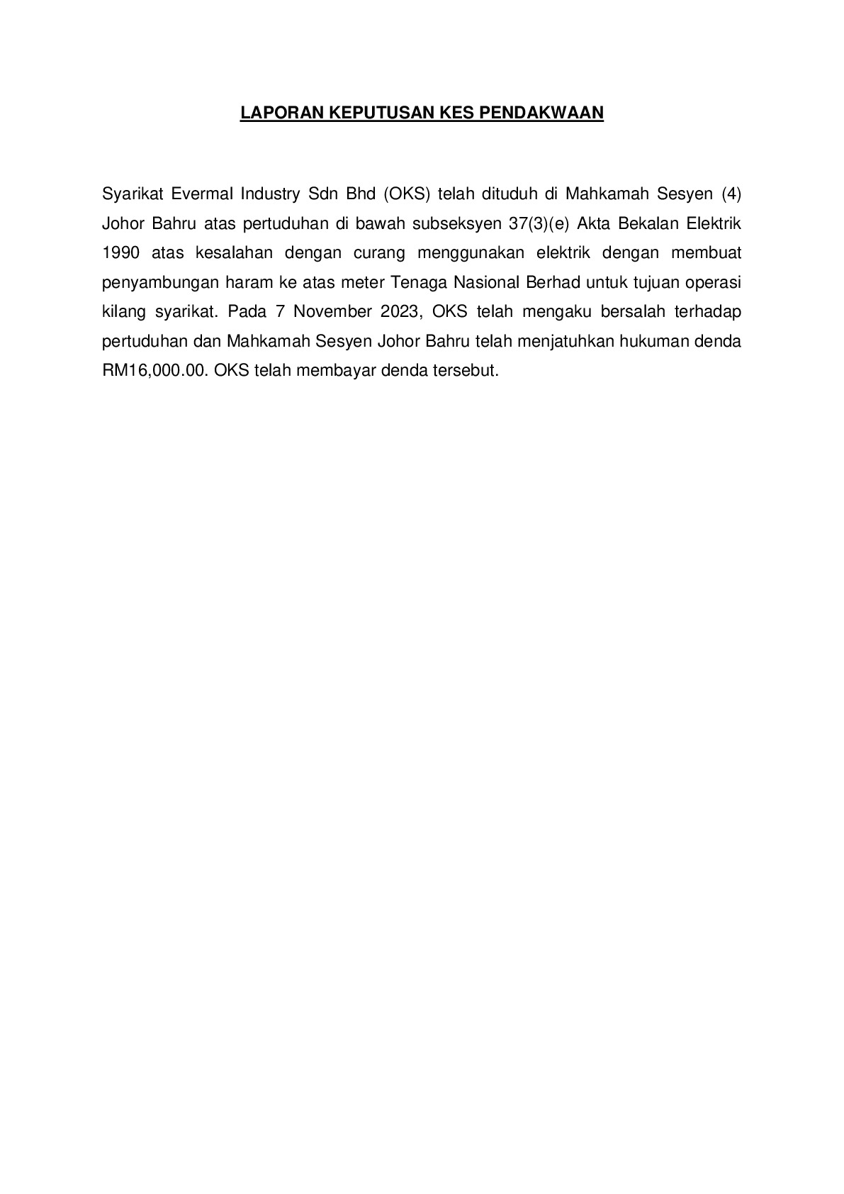 (Sessions Court) Prosecution Report - Evermal Industry Sdn Bhd