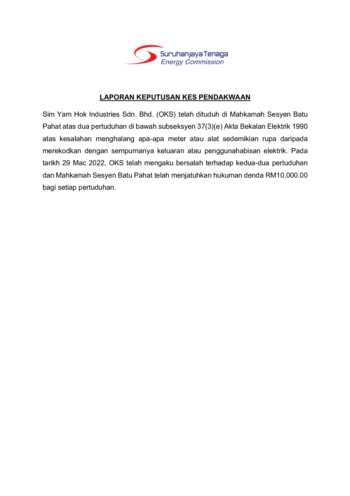 (Sessions Court) Prosecution Report - Sim Yam Hock