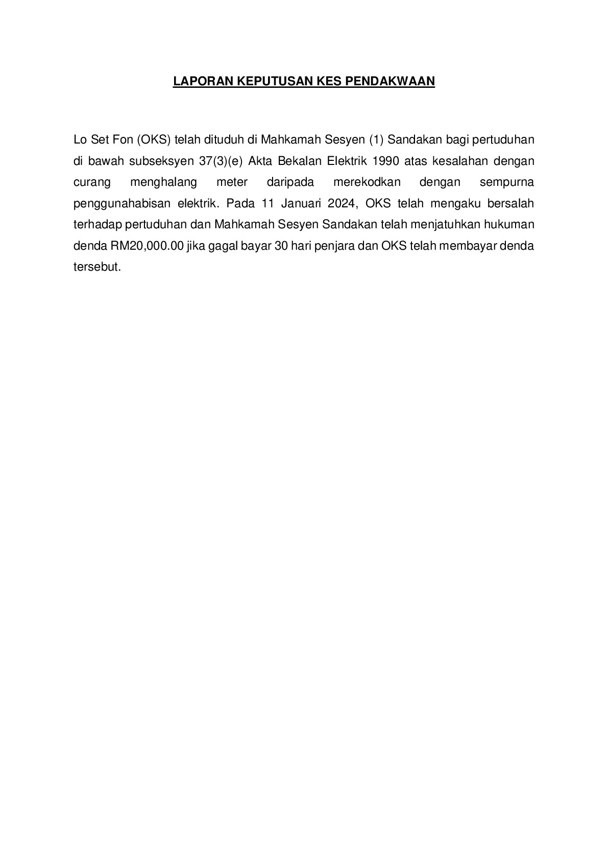 (Sessions Court) Prosecution Report - Lo Set Fon