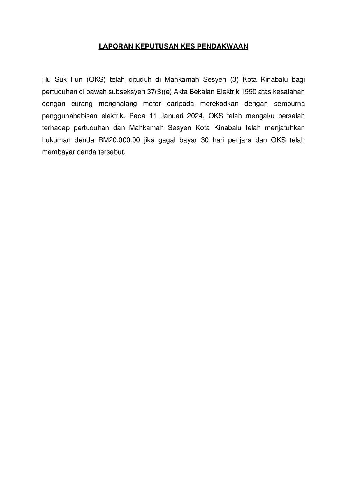 (Sessions Court) Prosecution Report - Hu Suk Fun
