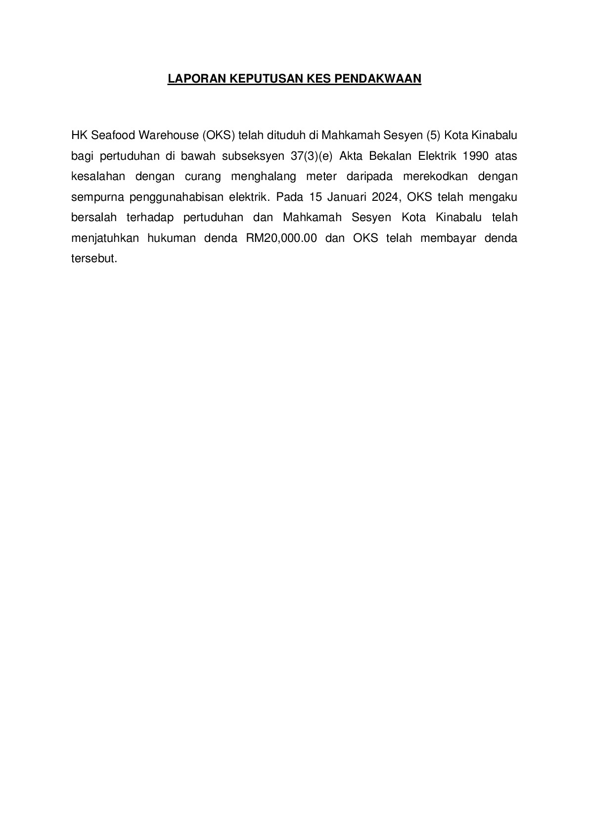 (Sessions Court) Prosecution Report - HK Seafood Warehouse