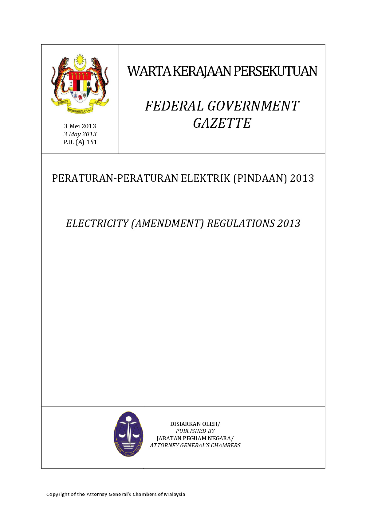 Electricity (Amendment) Regulations 2013 P.U.(A)151