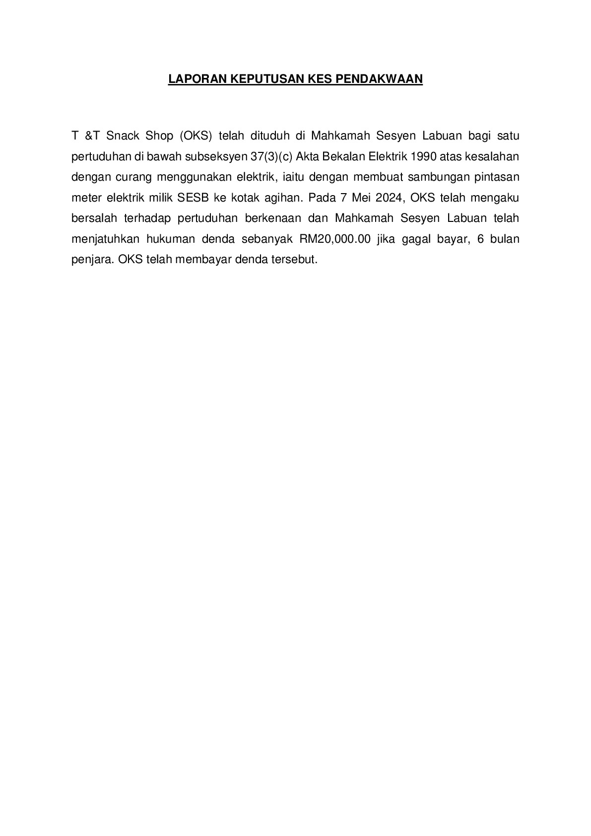 (Sessions Court) Prosecution Report - T &T Snack Shop