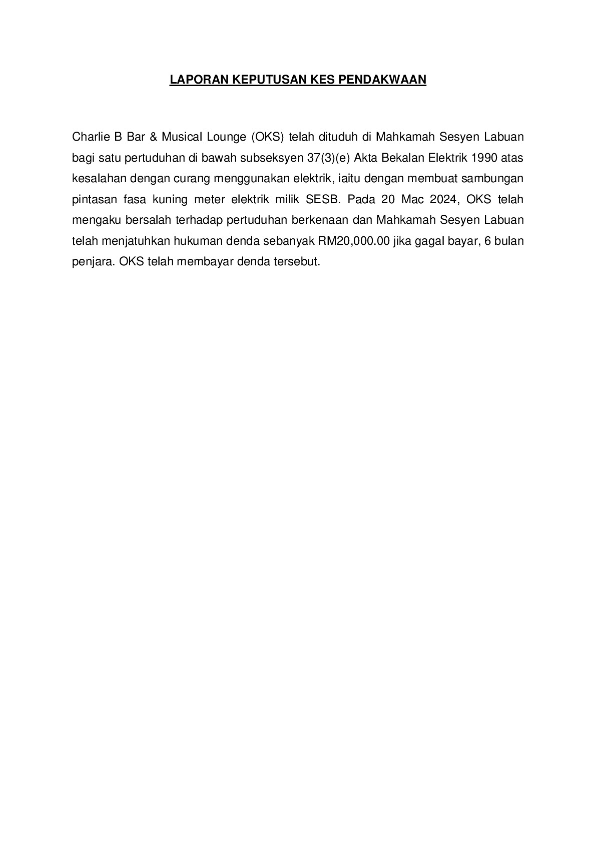 (Sessions Court) Prosecution Report - Charlie B Bar & Musical Lounge