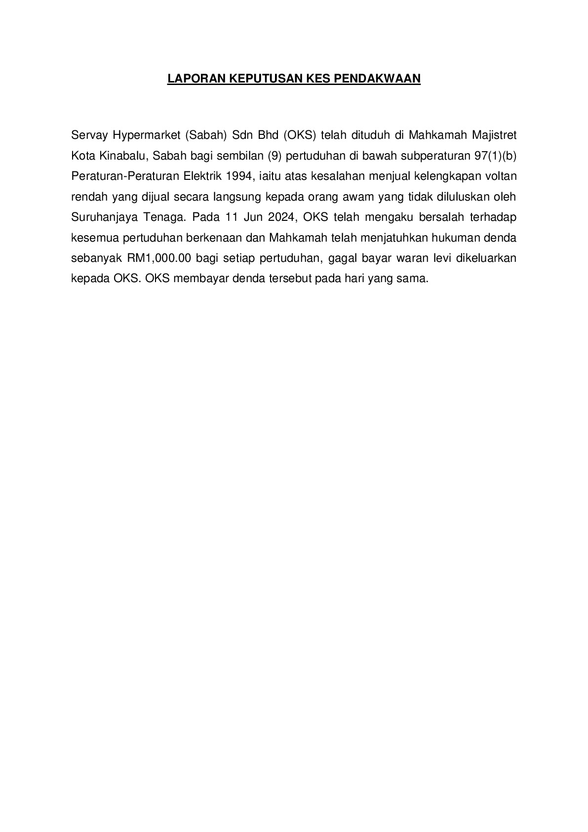 (Sessions Court) Prosecution Report - Servay Hypermarket (Sabah) Sdn Bhd