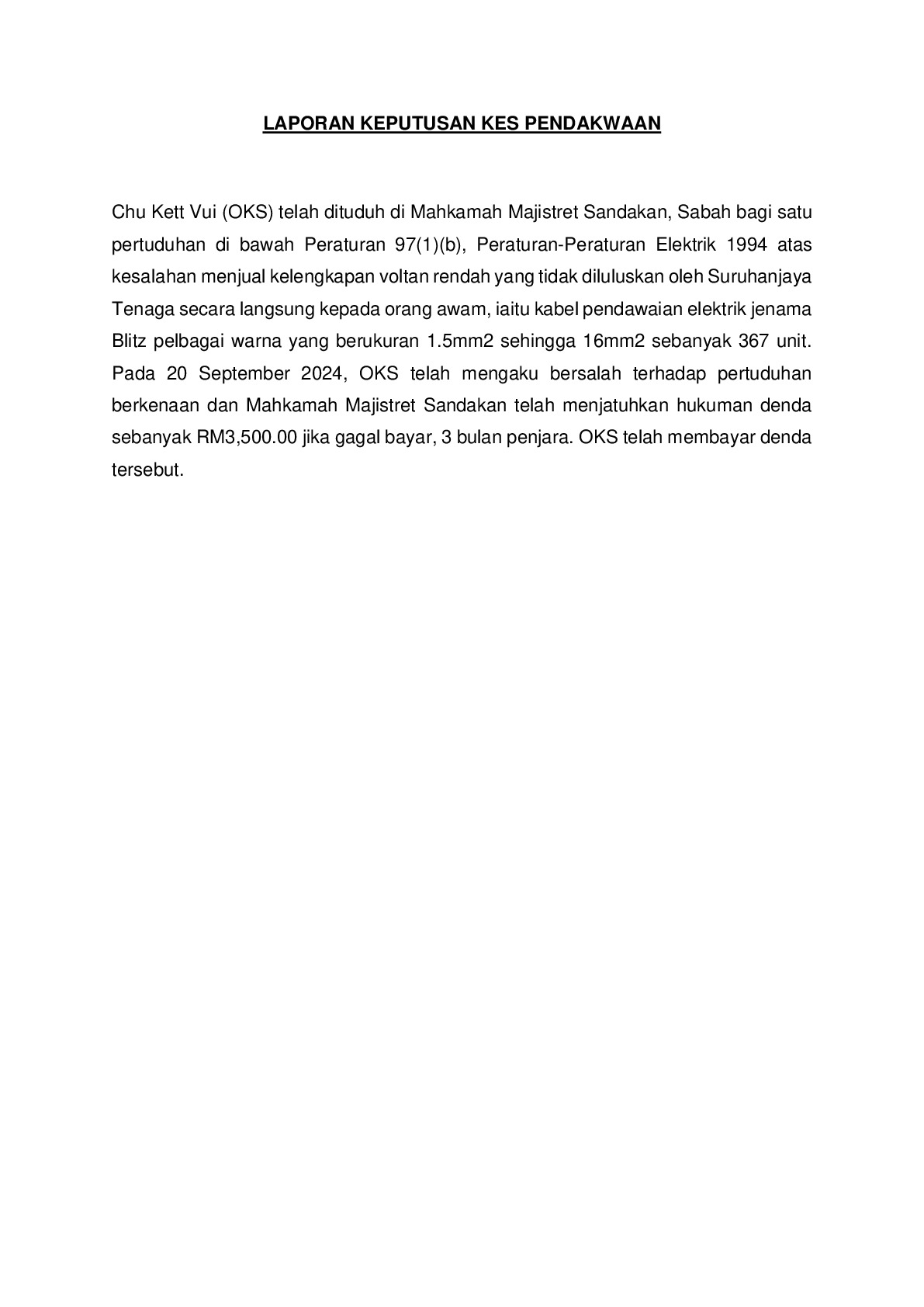 (Magistrate Court) Prosecution Report - Chu Kett Vui