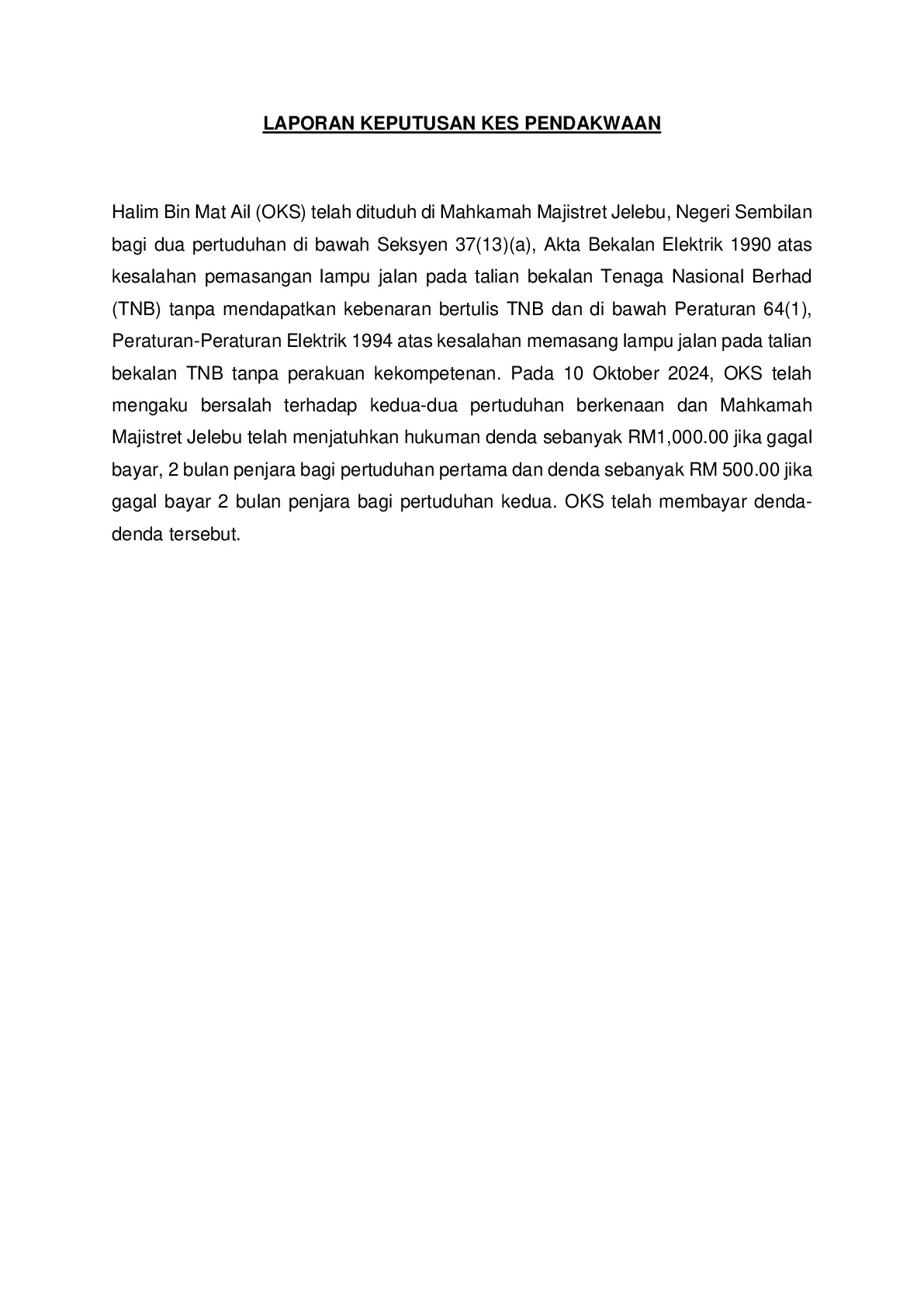 (Magistrate Court) Prosecution Report - Halim Bin Mat Ail