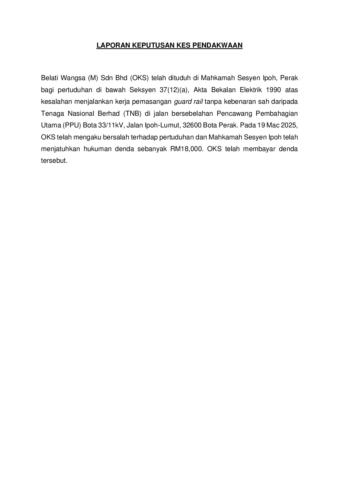 (Sessions Court) Prosecution Report - Belati Wangsa (M) Sdn Bhd