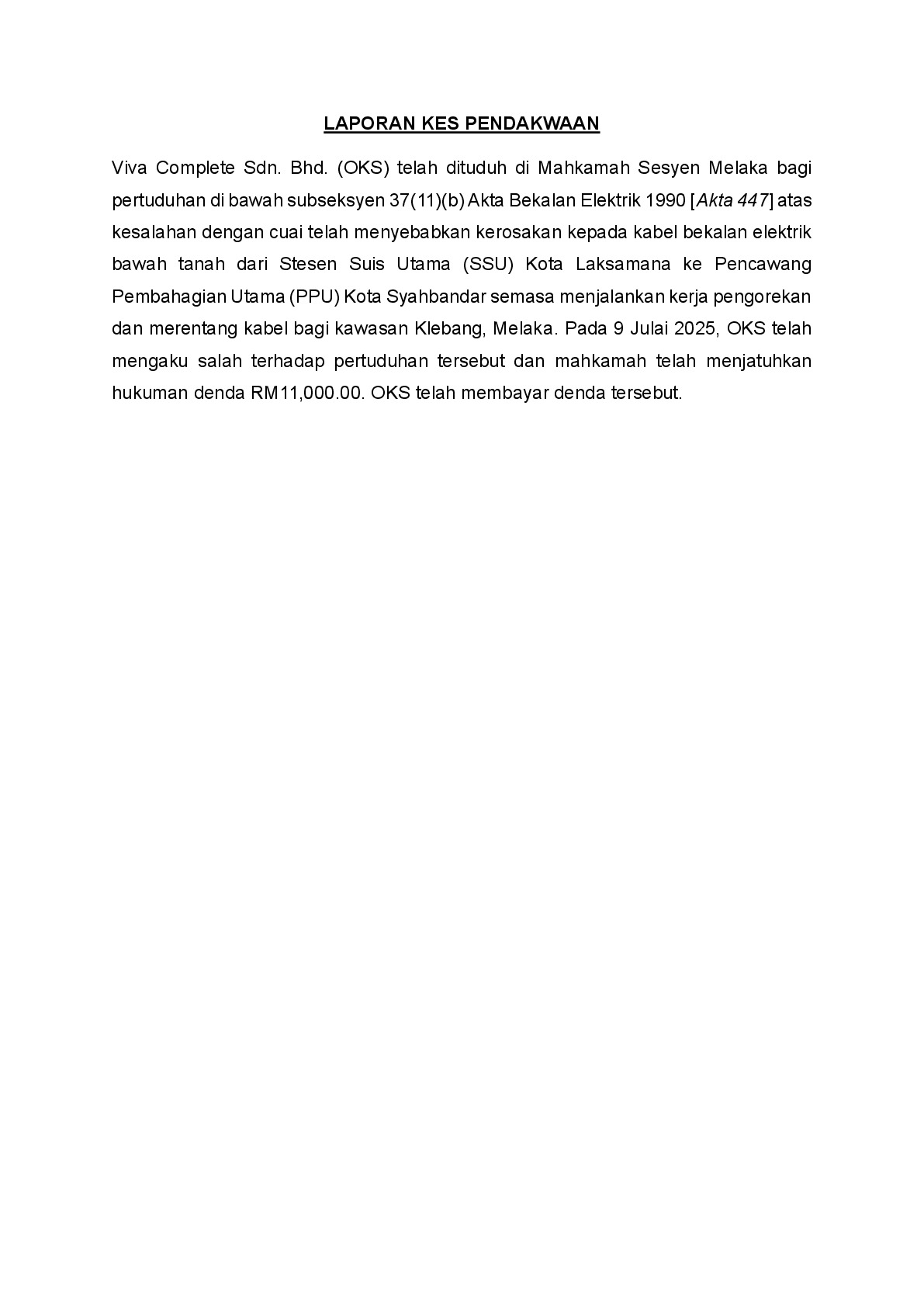 (Sessions Court) Prosecution Report - Viva Complete Sdn. Bhd.