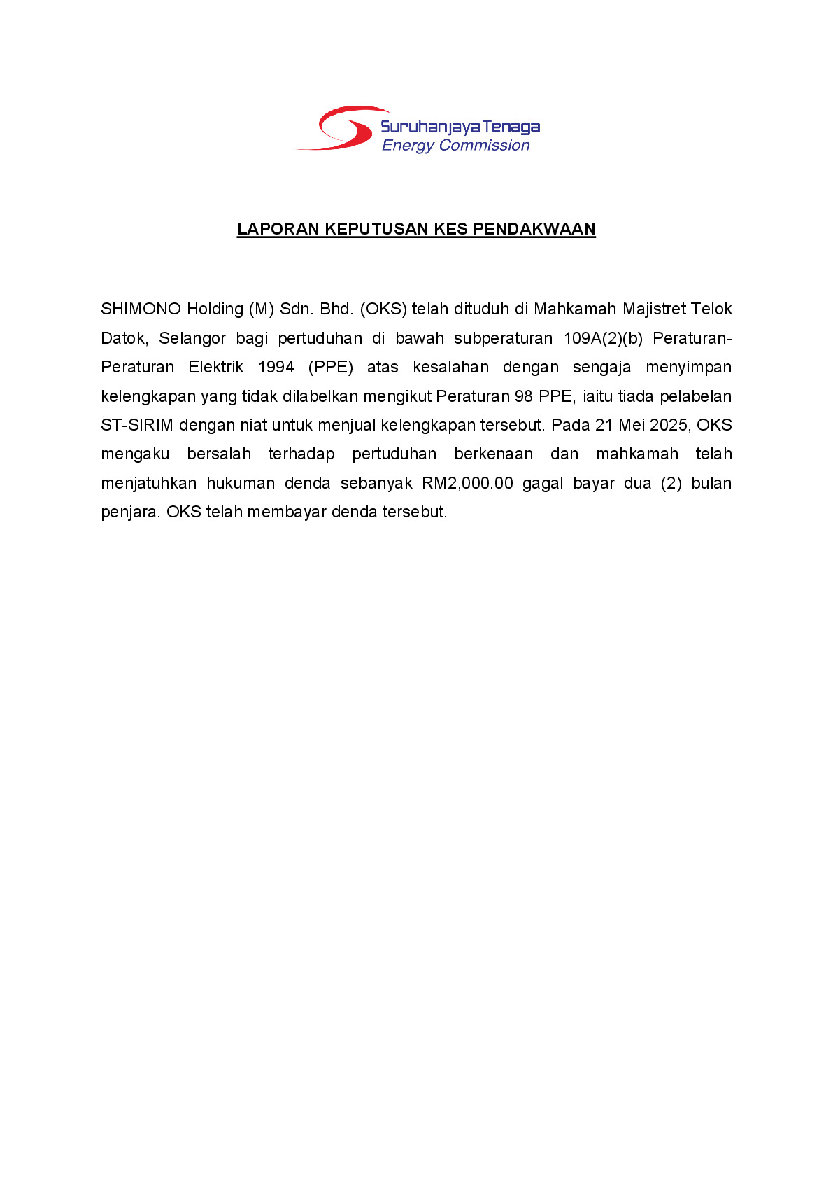 (Magistrate Court) Prosecution Report - SHIMONO Holding (M) Sdn. Bhd.