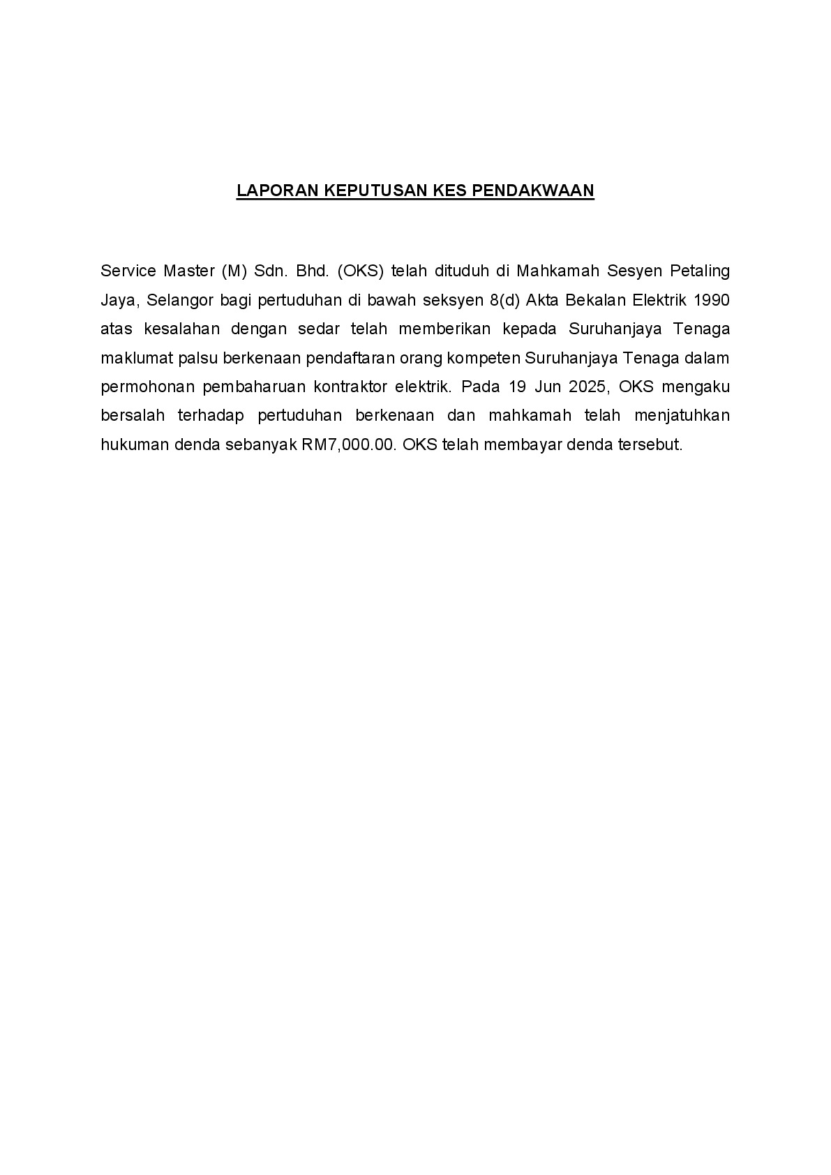 (Sessions Court) Prosecution Report - Service Master (M) Sdn. Bhd.
