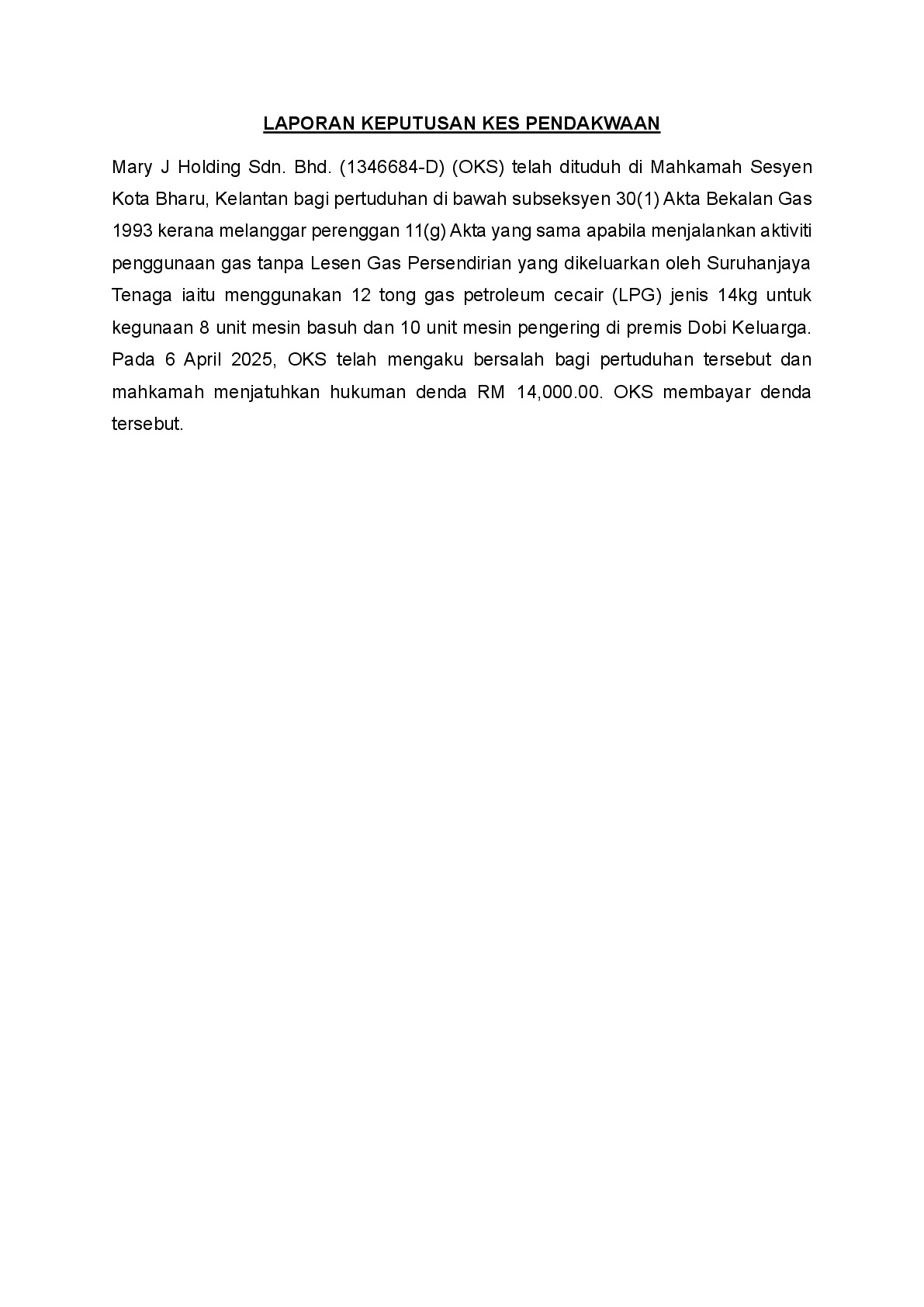 (Sessions Court) Prosecution Report - Mary J Holding Sdn. Bhd.