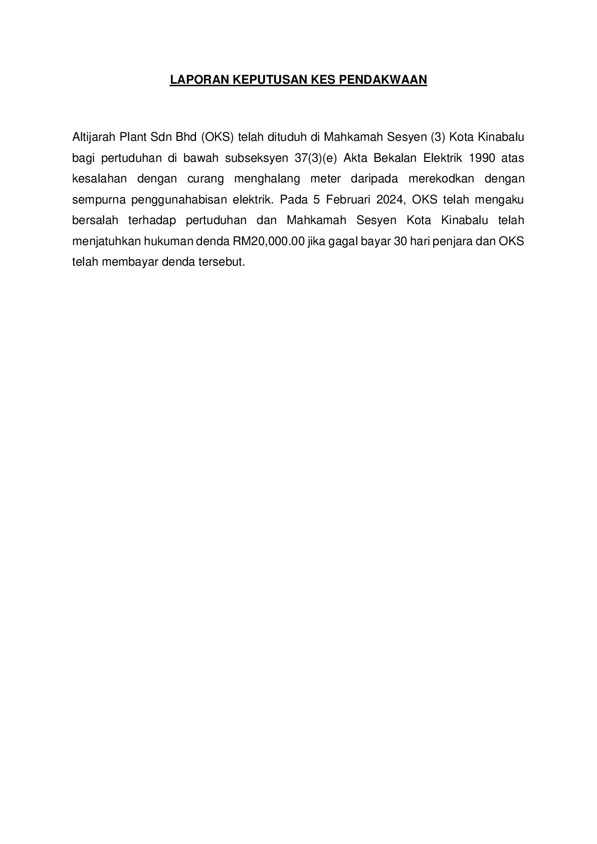 (Sessions Court) Prosecution Report - Altijarah Plant Sdn Bhd