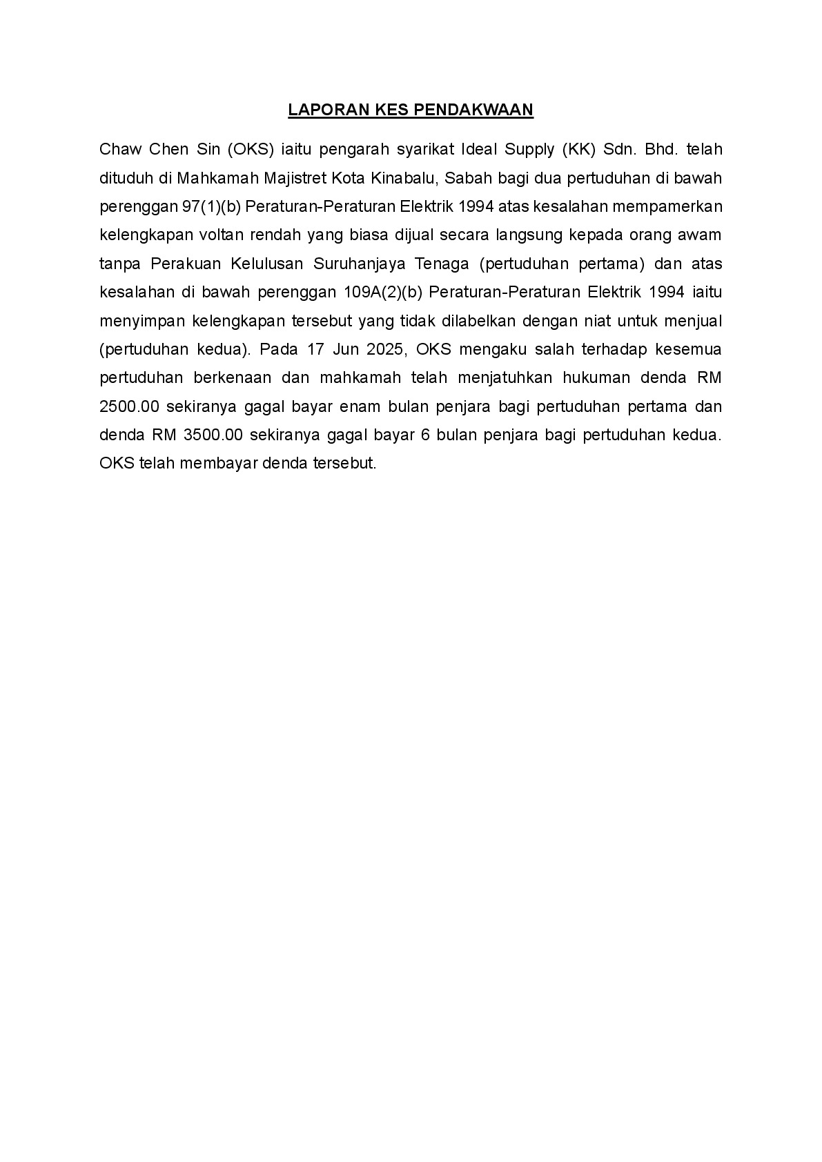 (Magistrate Court) Prosecution Report - Chaw Chen Sin