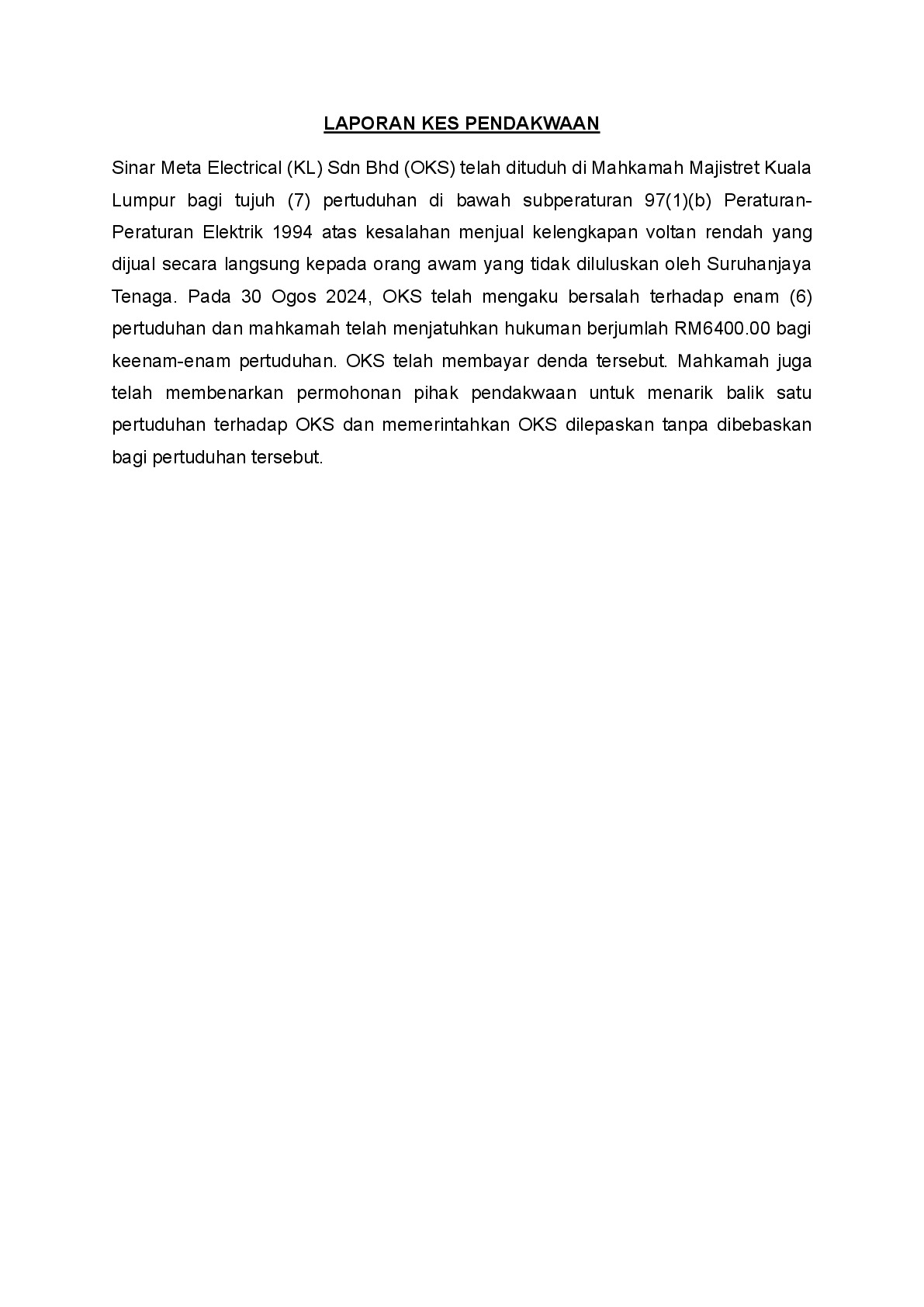 (Magistrate Court) Prosecution Report - Sinar Meta Electrical (KL) Sdn Bhd