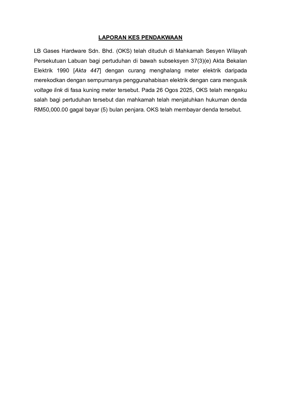 (Sessions Court) Prosecution Report - LB Gases Hardware Sdn. Bhd.