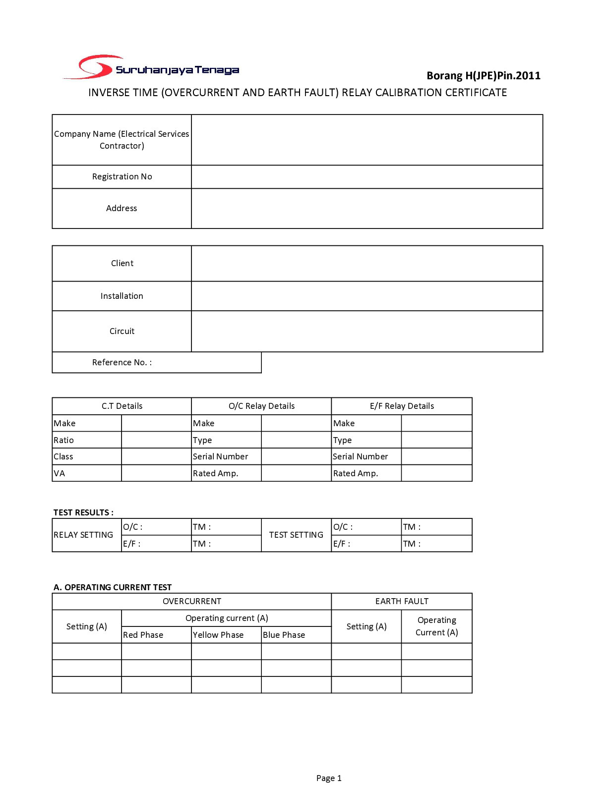 FORM H(JPE): Calibration Relay and Protection Device Test Form