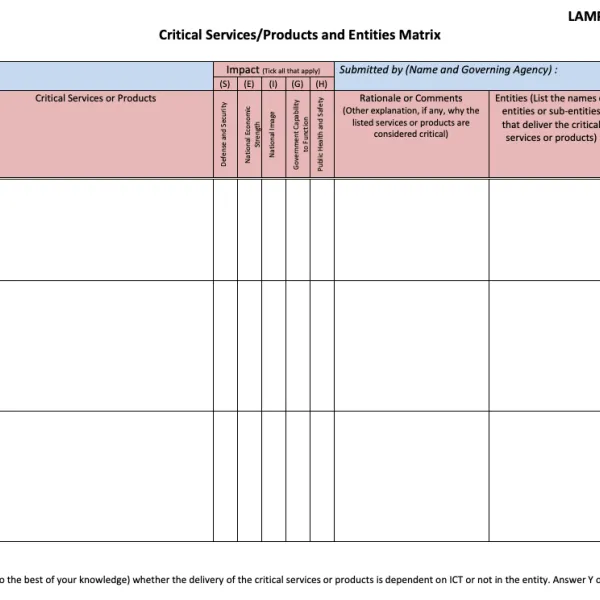 Attachment B -Critical Services Products and Entities Matrix - Blank Form