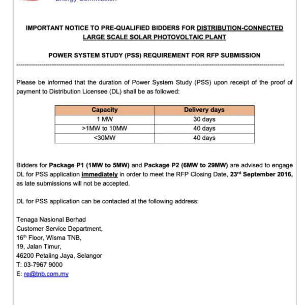 Notice on PSS Requirement for RFP Submission-Distribution Connected