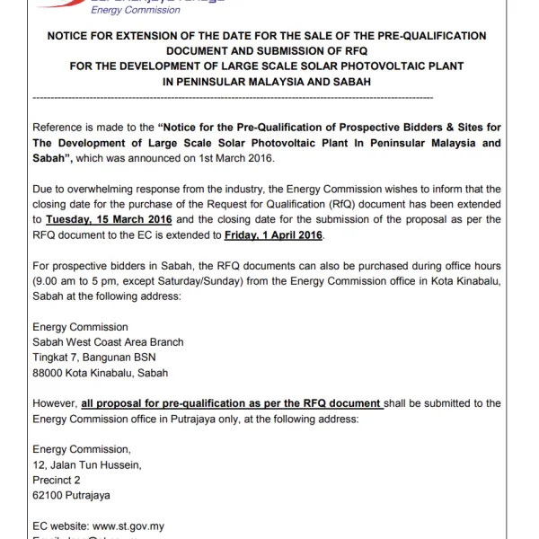 Notice for Extension of the Date for the Sale of the Pre-Qualification Document and Submission of RFQ for the Development of Large Scale Solar Photovoltaic Plant in Peninsular Malaysia and Sabah