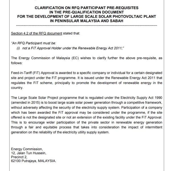 Clarification on RFQ Participant Pre-Requisites in the Pre-Qualification Document for the Development of Large Scale Solar Photovoltaic Plant in Peninsular Malaysia and Sabah