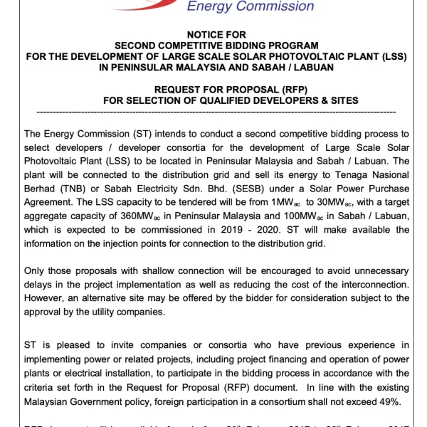 Notice for Second Competitive Bidding Program for The Development of Large Scale Solar Photovoltaic Plant (LSS) In Peninsular Malaysia and Sabah/Labuan: Request for Proposal for Selection of Qualified Developers & Sites