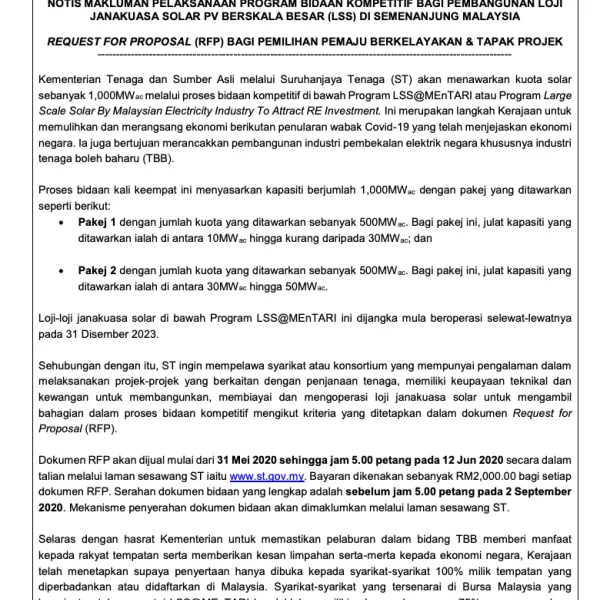 Notis Makluman Pelaksanaan Program Bidaan Kompetitif bagi Pembangunan Loji Janakuasa Solar PV Berskala Besar (LSS) di Semenanjung Malaysia
