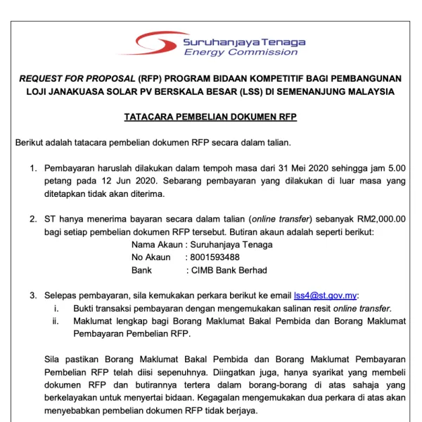 Tatacara Pembelian RFP, Borang Maklumat Pembayaran RFP dan Borang Maklumat Bakal Pembida