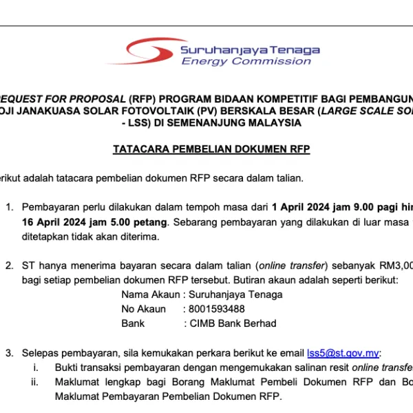 Tatacara Pembelian Dokumen - Request For Proposal (RFP) Program Bidaan Kompetitif Bagi Pembangunan Loji Janakuasa Solar Fotovoltaik (PV) Berskala Besar (Large Scale Solar - LSS) Di Semenanjung Malaysia