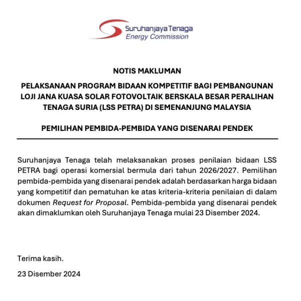 Notis Makluman - Pemilihan Pembida-Pembida Yang Disenarai Pendek