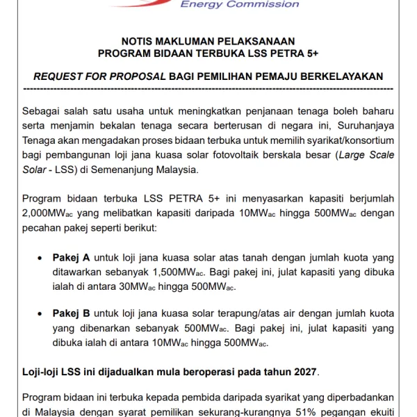 Notis Makluman Pelaksanaan Program Bidaan Terbuka LSS PETRA 5+